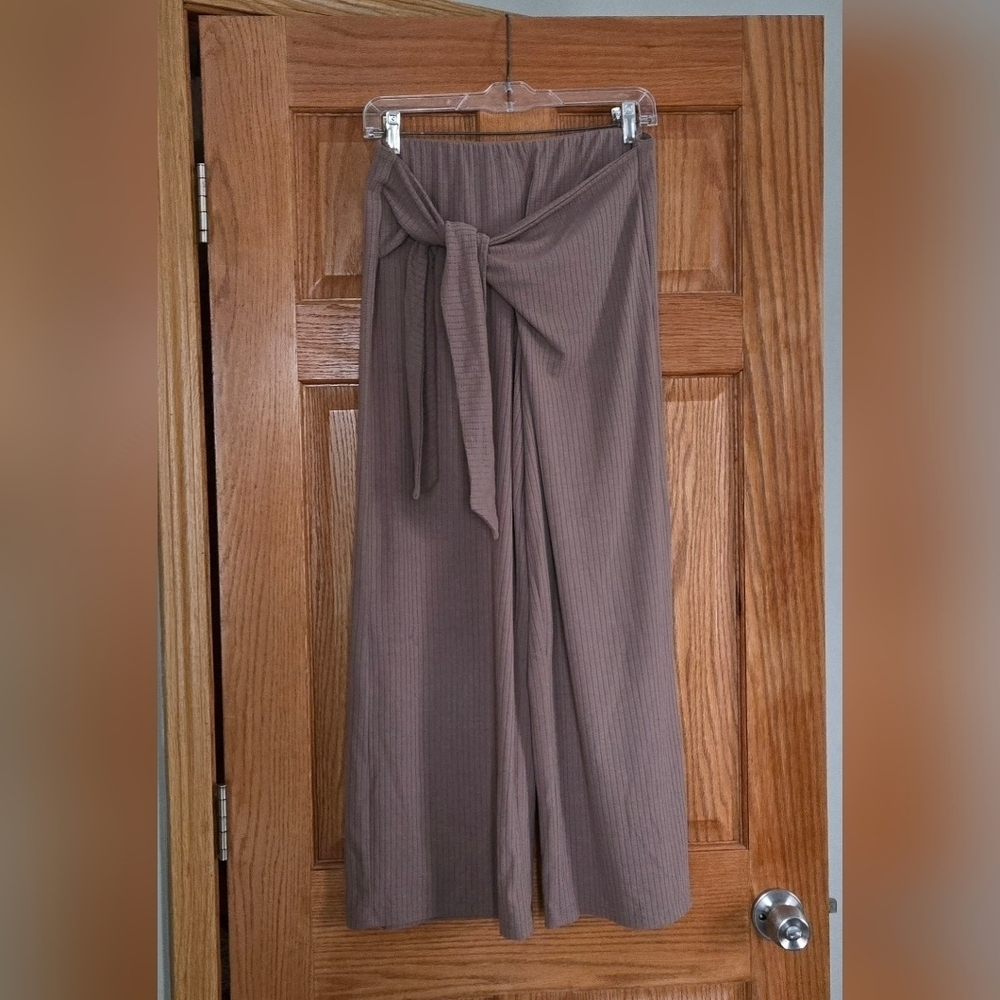 Elodie Taupe Ribbed Knit High-Waist Tie-Front Wide Leg Palazzo Pants Size M